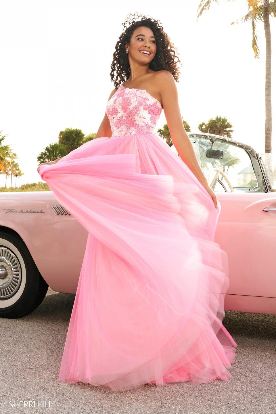 Sherri Hill One Shoulder Floral Lace Bodice With A Tulle Skirt