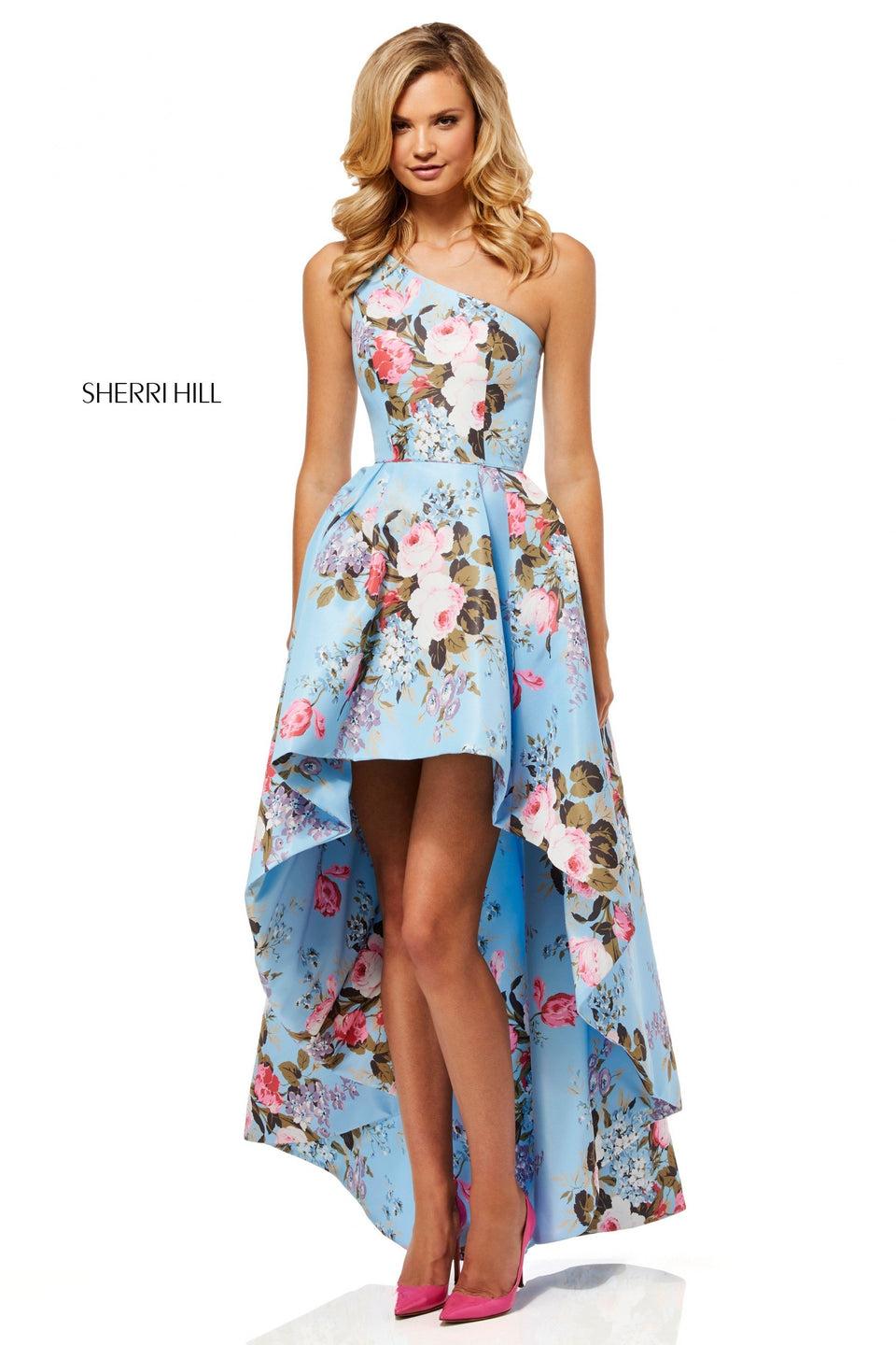Sherri Hill One-shoulder Floral Print Taffeta High-low