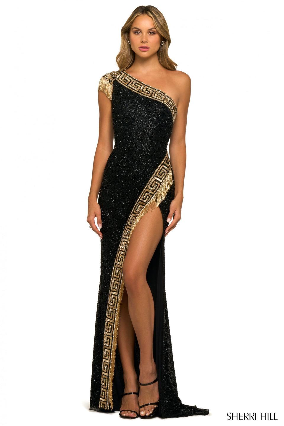 Sherri Hill One Shoulder Fully Beaded Gown With Fringe Cap Sleeve And Fringe High Slit Skirt