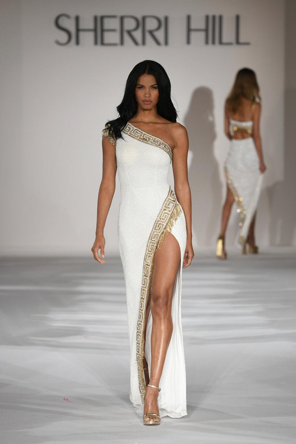 Sherri Hill One Shoulder Fully Beaded Gown With Fringe Cap Sleeve And Fringe High Slit Skirt