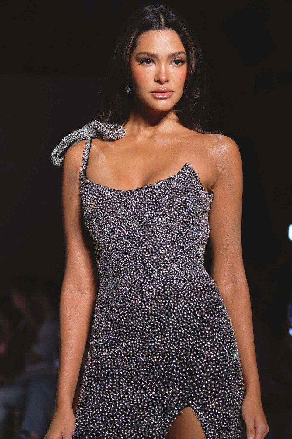 sherri hill One shoulder fully beaded gown with high skirt slit