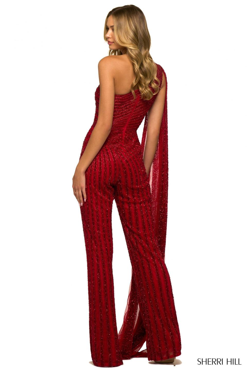 Sherri Hill One Shoulder Fully Beaded Jumpsuit With Cape