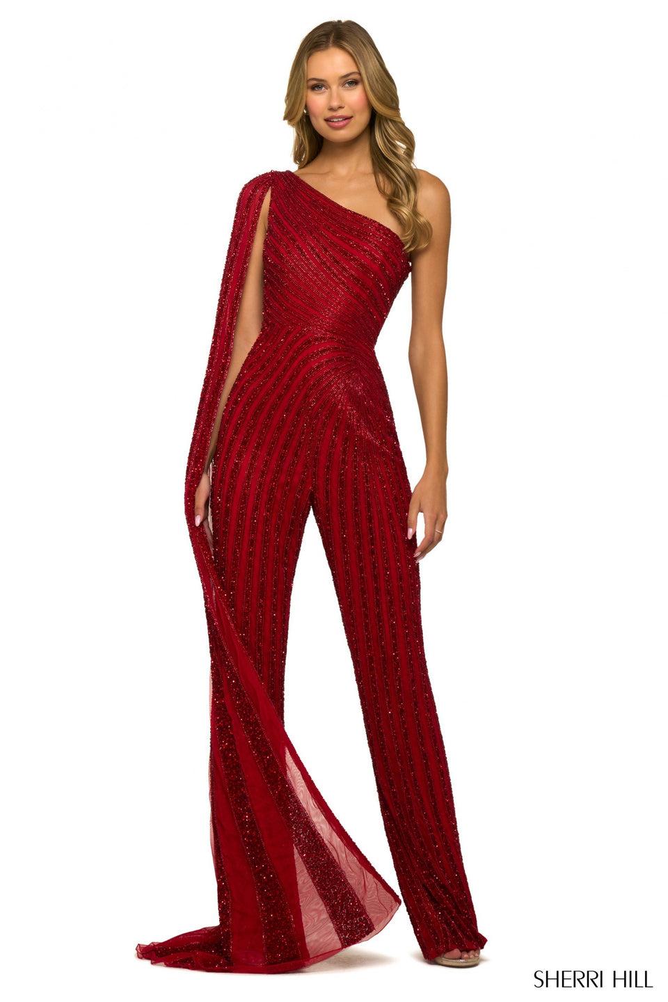 sherri hill One shoulder fully beaded jumpsuit with cape