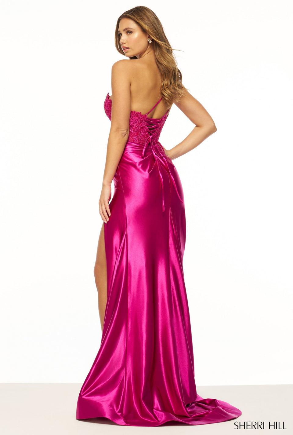 Sherri Hill One Shoulder Gown With Lace Bodice Flower Embellishments Sheer Deep V Neckline And Ruched Stretched Satin Skirt With Slit