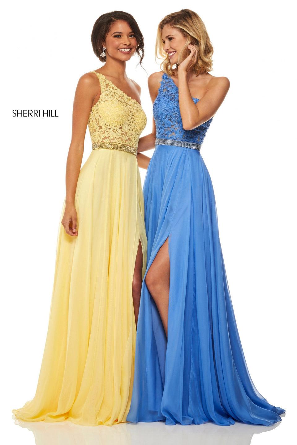 Sherri Hill One-shoulder Gown With Lace Bodice Jewel Encrusted Waistband And Chiffon Skirt With Slit