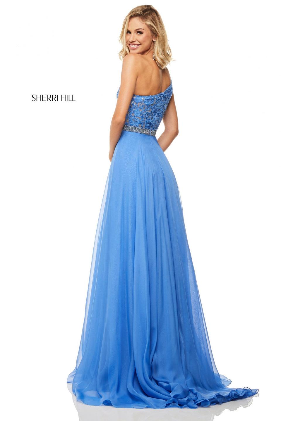 Sherri Hill One-shoulder Gown With Lace Bodice Jewel Encrusted Waistband And Chiffon Skirt With Slit