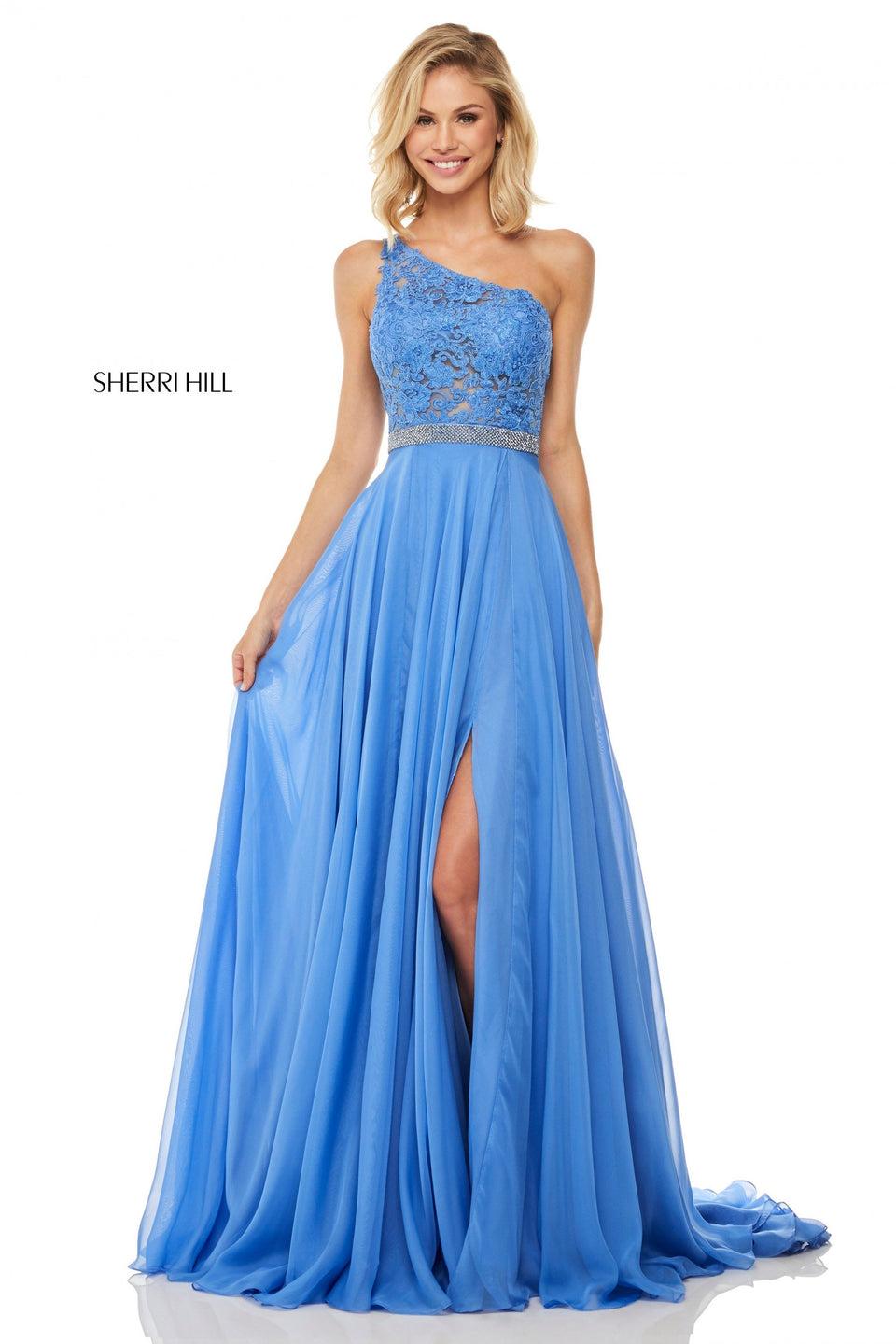 sherri hill One-shoulder gown with lace bodice jewel encrusted waistband and chiffon skirt with slit