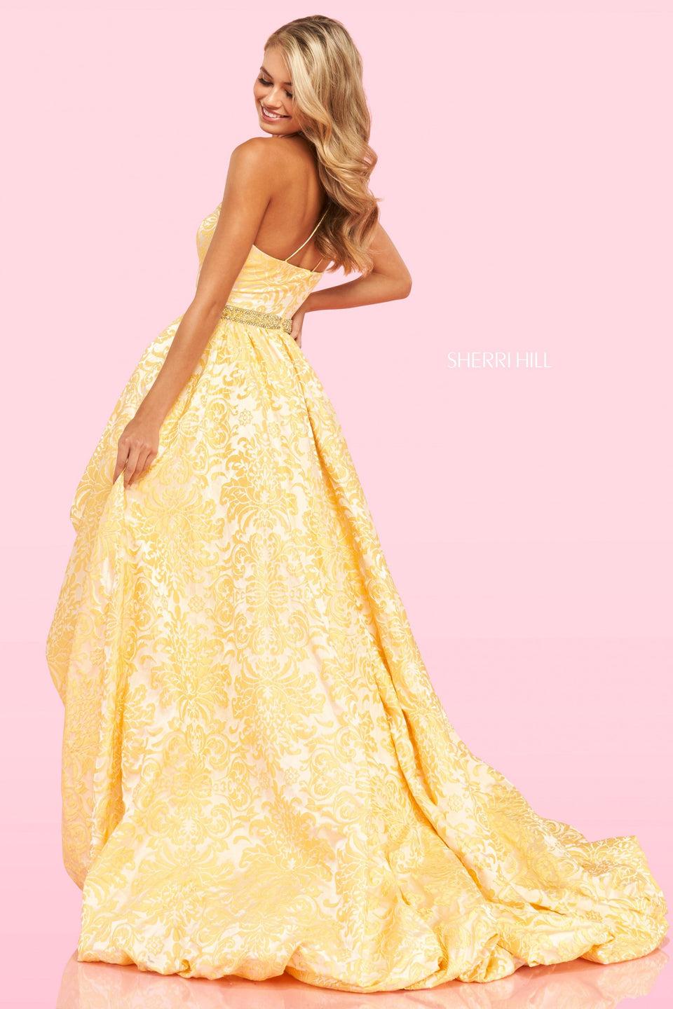 Sherri Hill One Shoulder High-low Bubble Brocade Skirt Gown With Beaded Belt