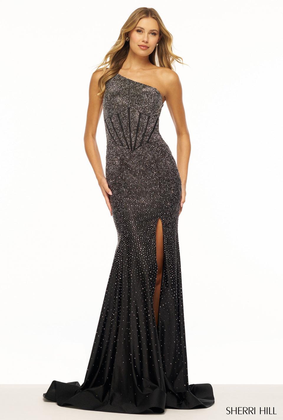 sherri hill One shoulder hot fix gown with corset bodice open back and skirt slit