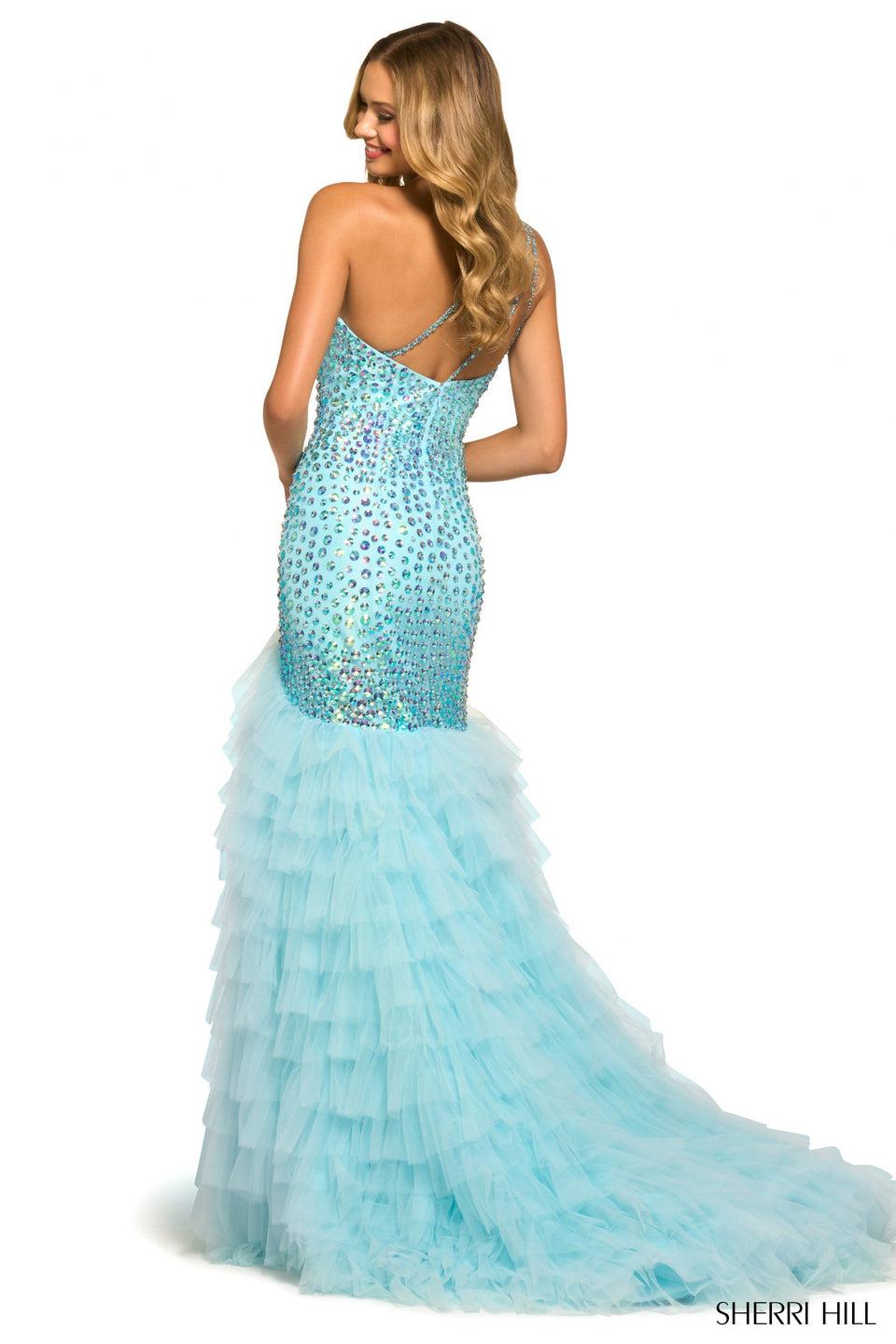 Sherri Hill One Shoulder Iridescent Beaded Gown With Tulle Ruffled Skirt And Slit