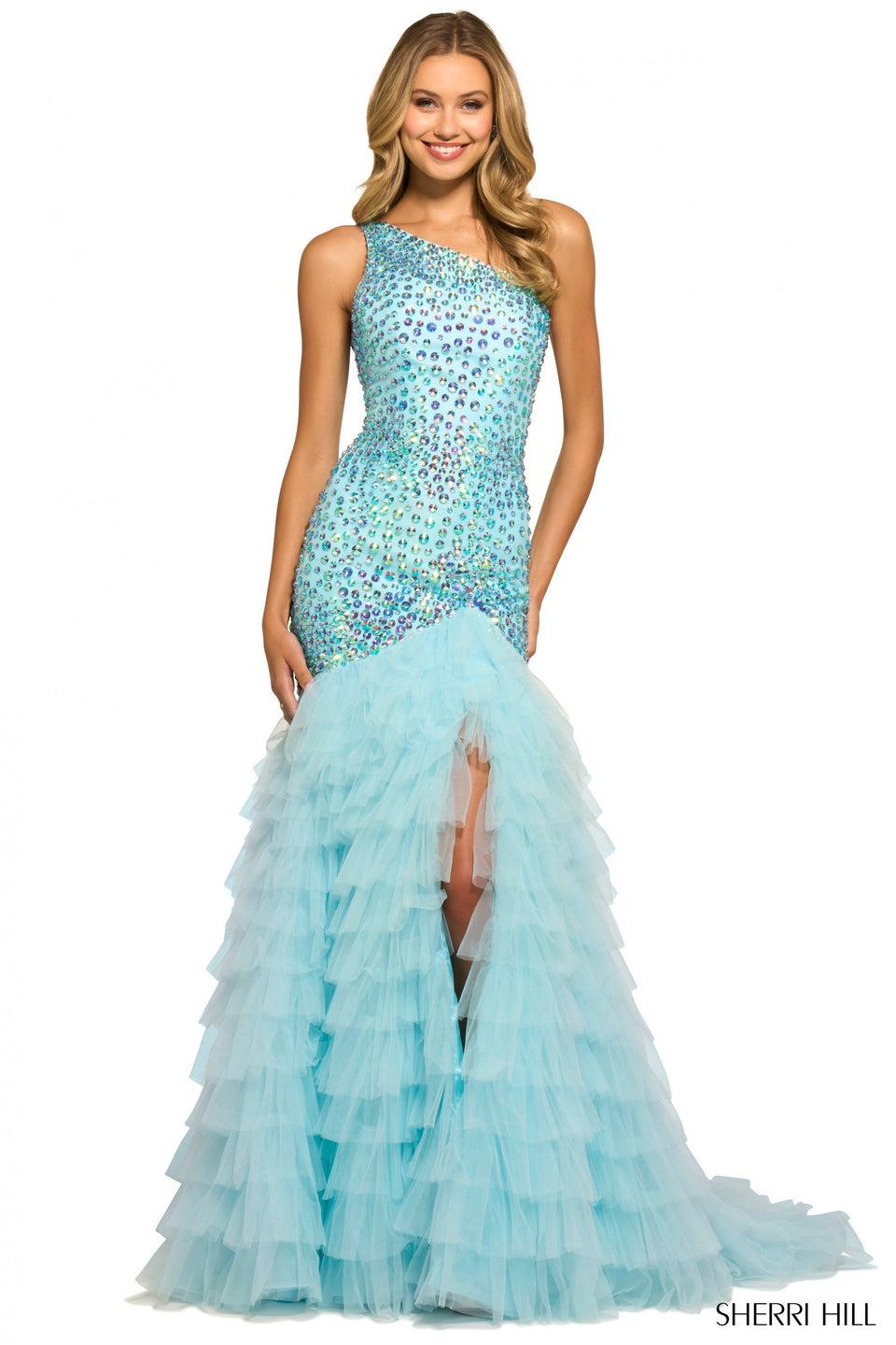 sherri hill One shoulder iridescent beaded gown with tulle ruffled skirt and slit