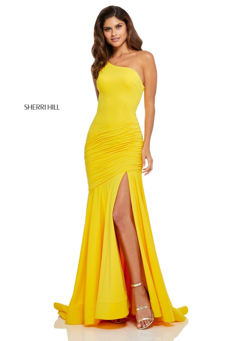 sherri hill One-shoulder jersey fit-and-flare with ruched bodice and skirt slit
