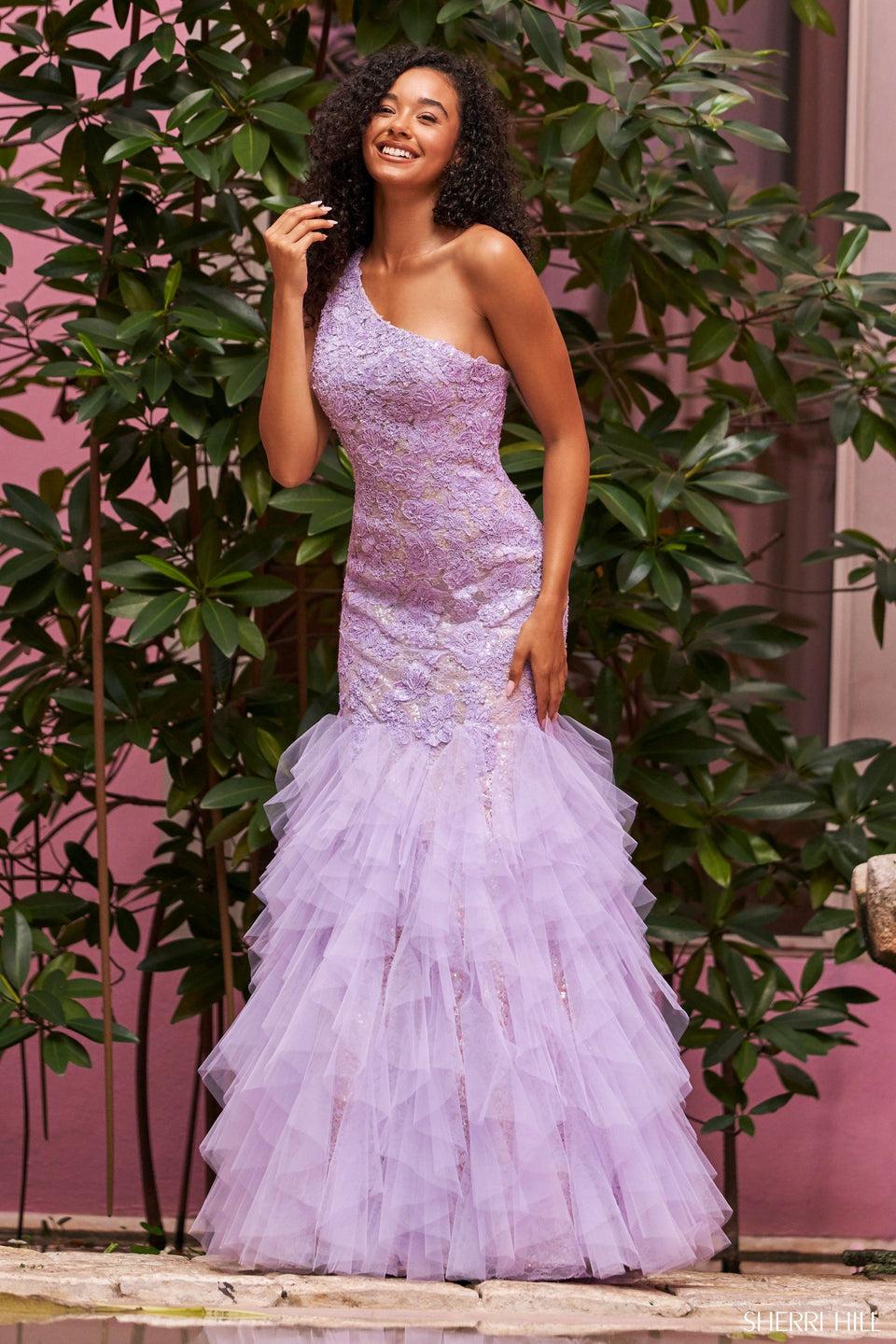 sherri hill One shoulder lace sequin mermaid gown with tulle ruffle tiered skirt