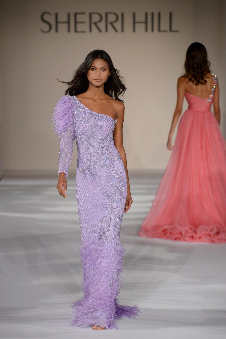 Sherri Hill One Shoulder Long Sleeve Beaded Gown With Ostrich Feathers On Shoulder And Bottom Of Skirt