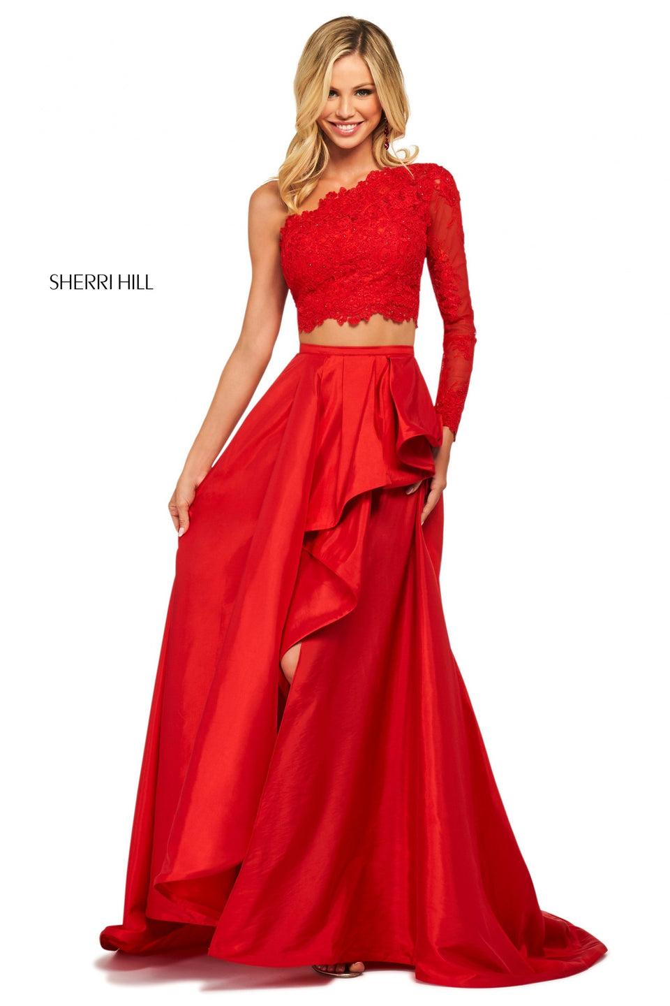 Sherri Hill One Shoulder Long Sleeve Lace Bodice With Ruffle Slit Taffeta Skirt