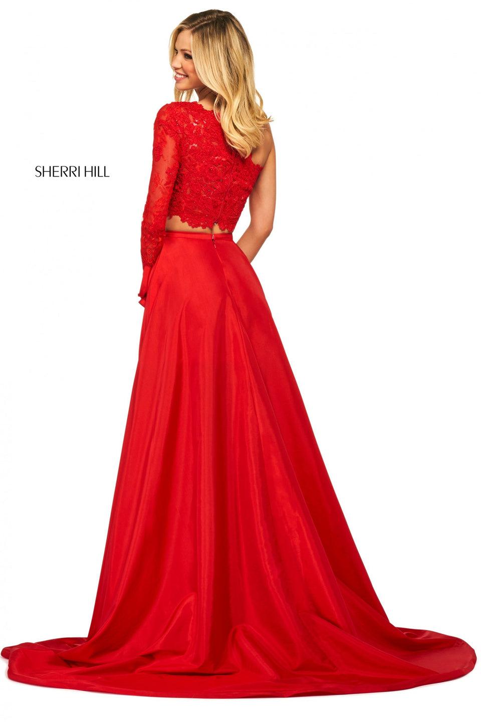Sherri Hill One Shoulder Long Sleeve Lace Bodice With Ruffle Slit Taffeta Skirt
