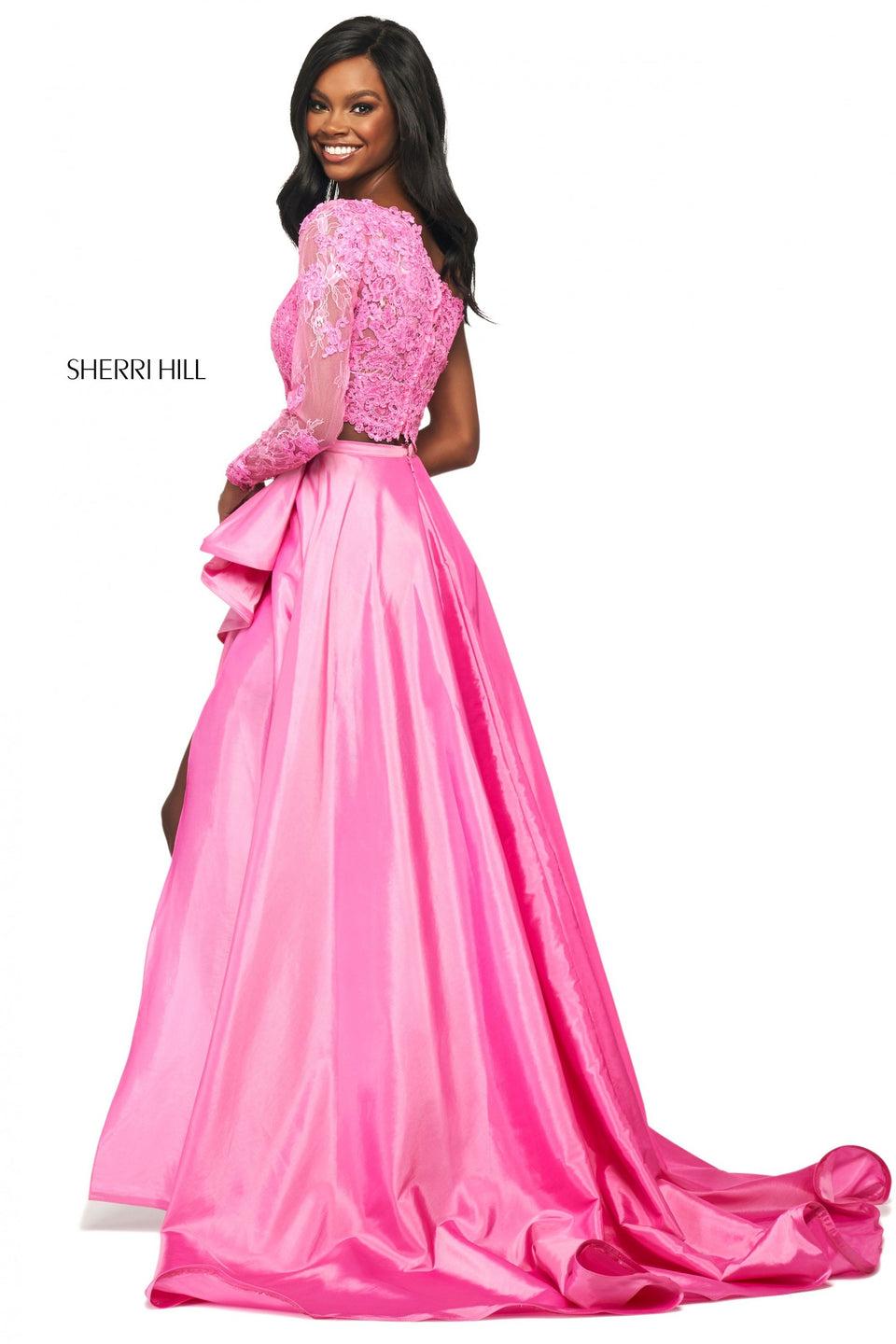 Sherri Hill One Shoulder Long Sleeve Lace Bodice With Ruffle Slit Taffeta Skirt