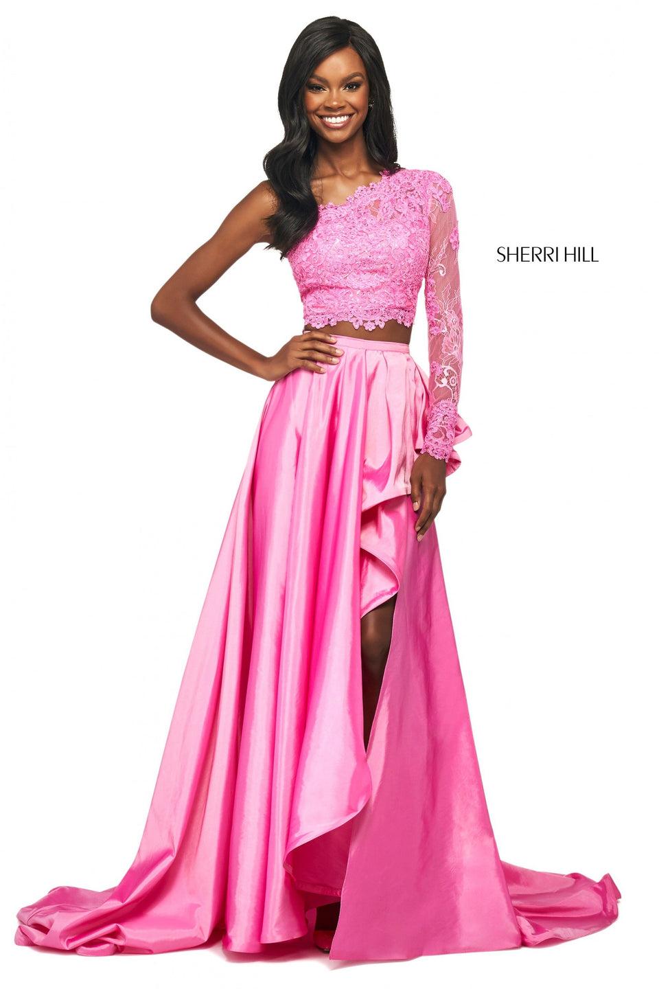 sherri hill One shoulder long sleeve lace bodice with ruffle slit taffeta skirt