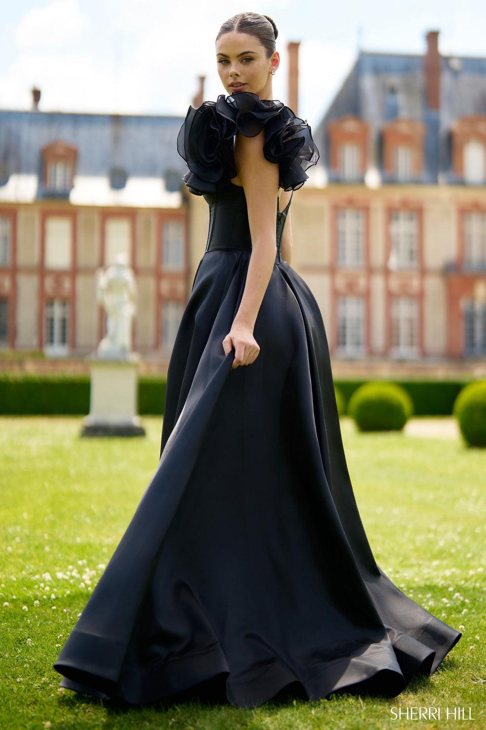 Sherri Hill One Shoulder Mikado Gown With Corset Bodice Rosette Embellished Sleeve And A Skirt Slit