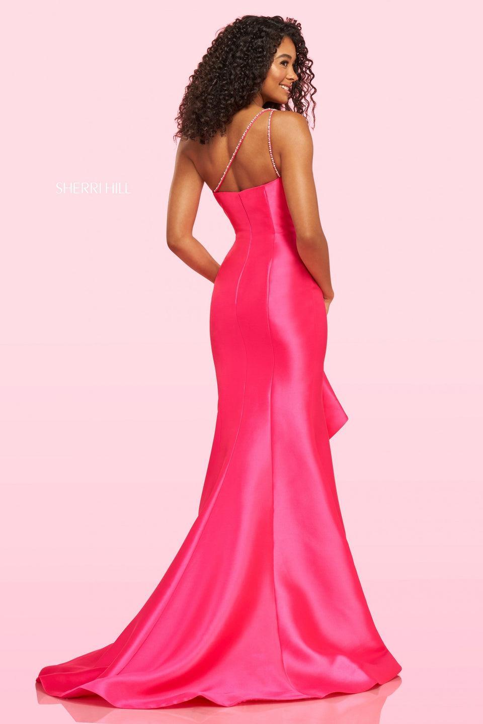 Sherri Hill One Shoulder Mikado Gown With Pearl Aplique On The Side Followed By Ruffles