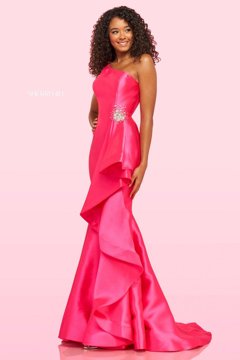 sherri hill One shoulder mikado gown with pearl aplique on the side followed by ruffles