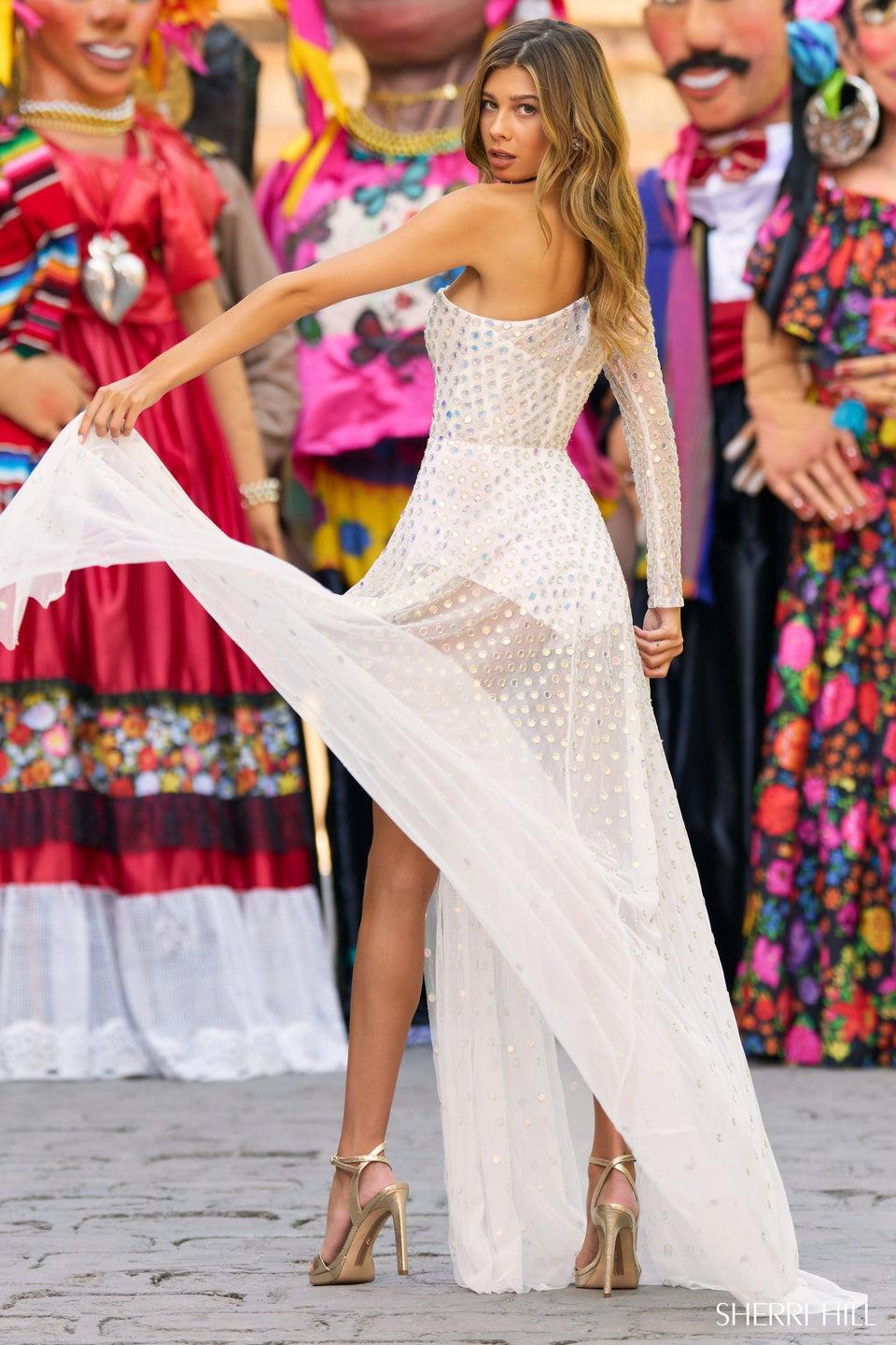 Sherri Hill One Shoulder Mirrored Embellished Gown With Sheer Skirt And Bodysuit