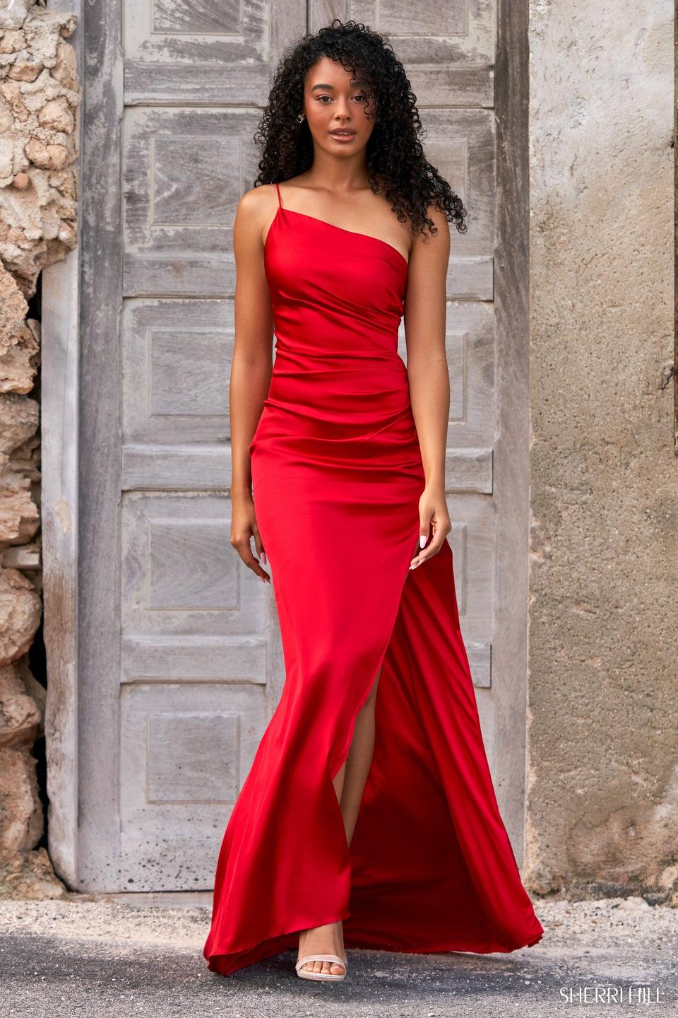 Sherri Hill One Shoulder Satin Gown With Skirt Slit