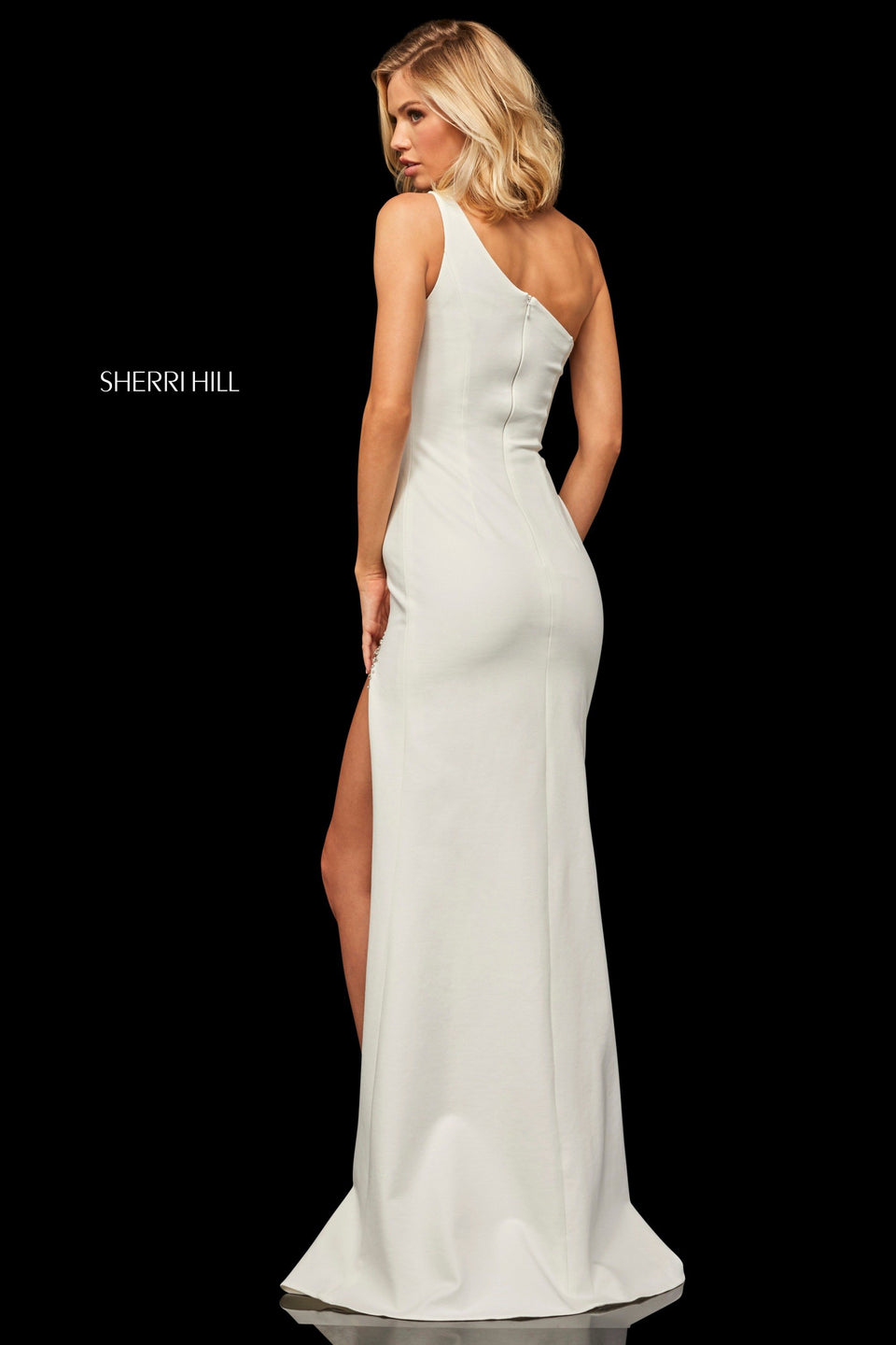 Sherri Hill One-shoulder Scuba Dress With A Rounded Jewel Encrusted Skirt Slit