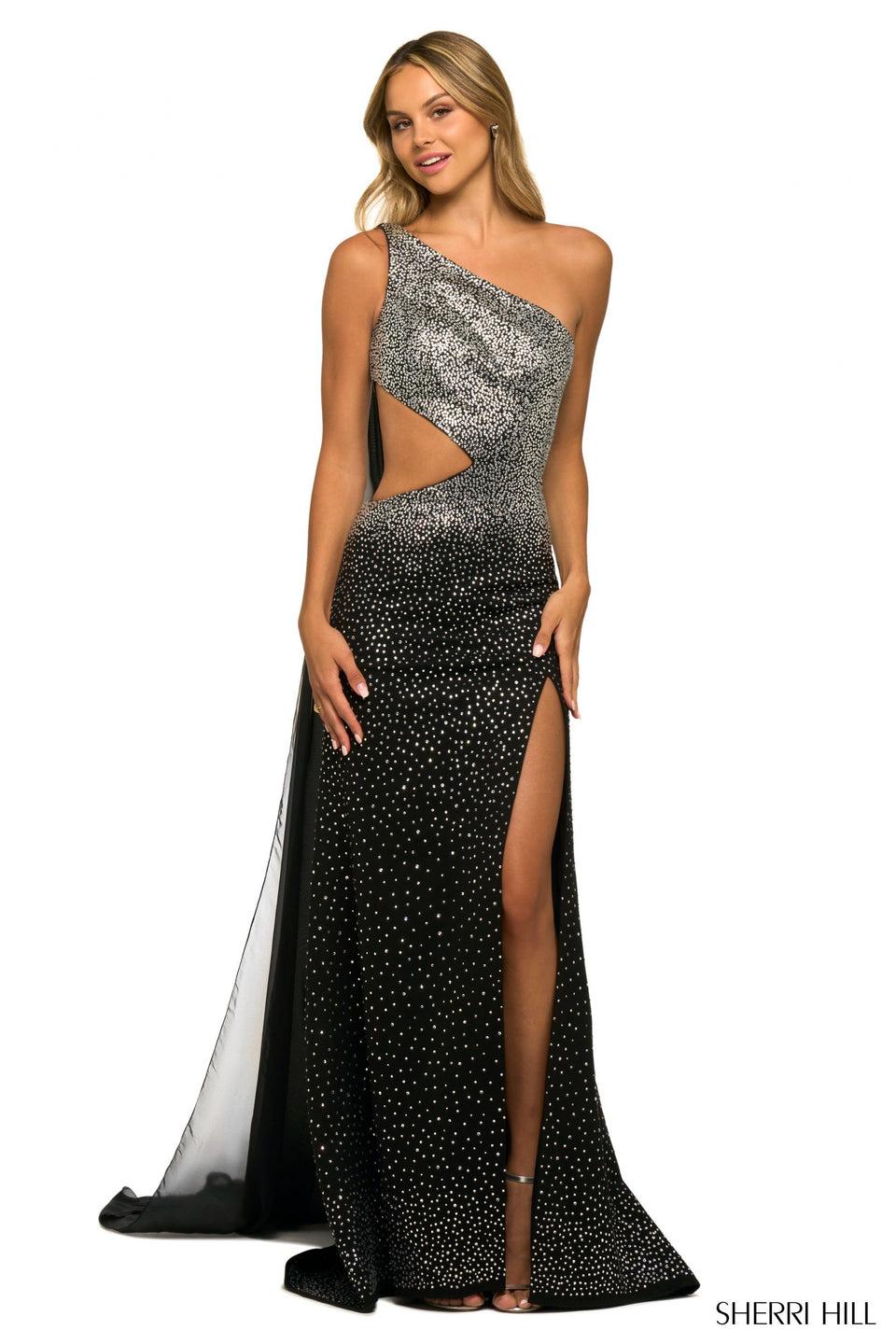Sherri Hill One Shoulder Scuba Dress With Hot Fix Embellishments Side Cut Out Slit And Cape