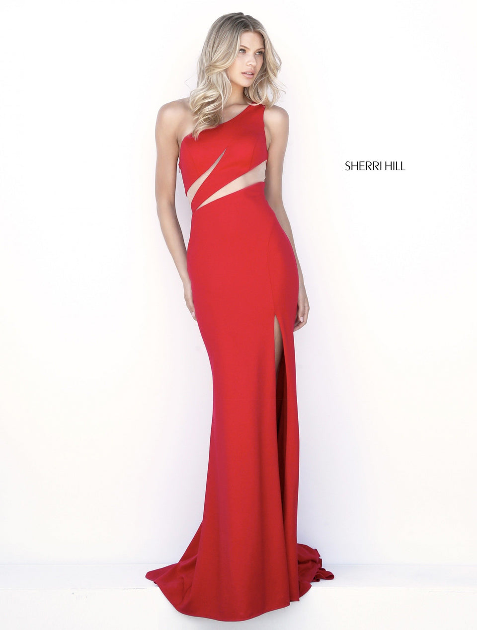 sherri hill One shoulder scuba gown with bodice cut outs