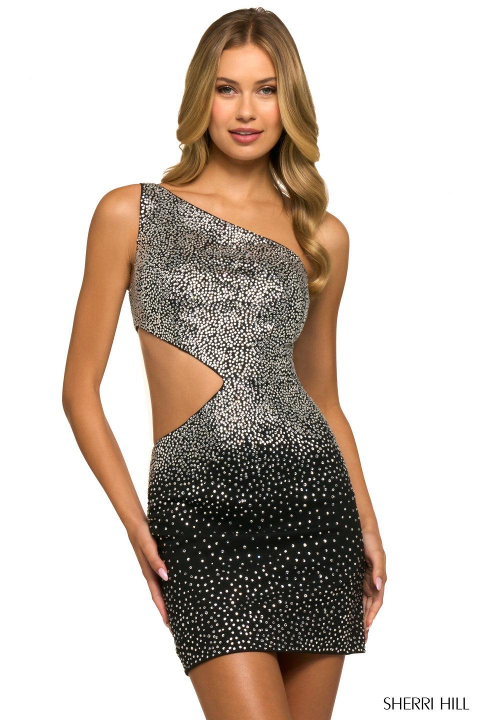 sherri hill One shoulder scuba hot fix embellished cocktail dress with side cut out