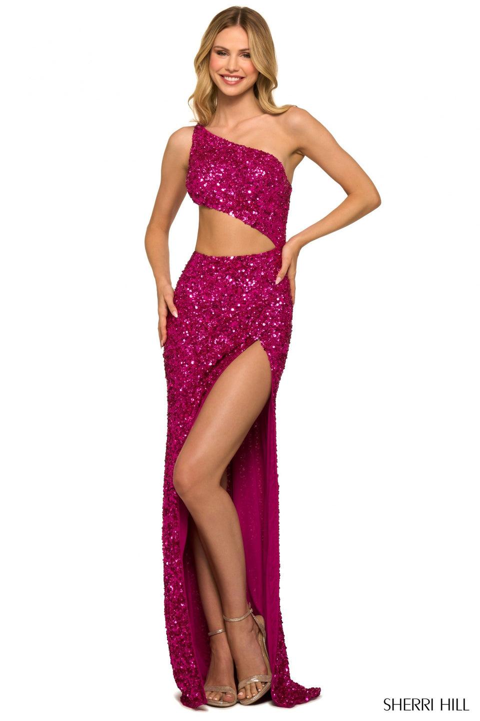 sherri hill One shoulder sequin gown with side cut and high slit