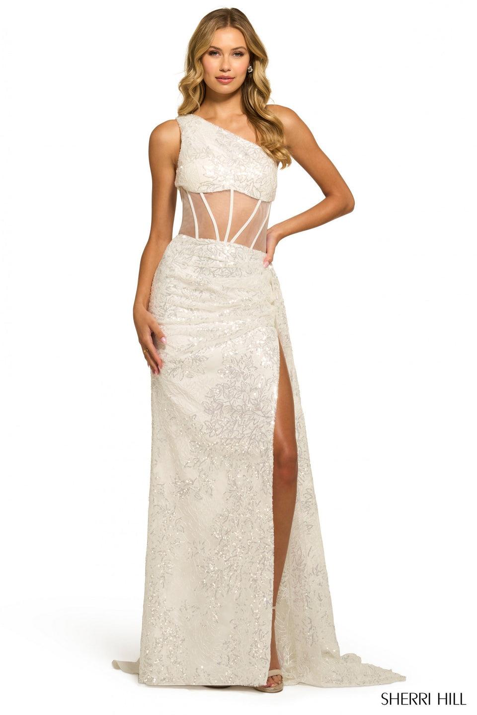 sherri hill One shoulder sequin lace gown with sheer corset bodice and high slit