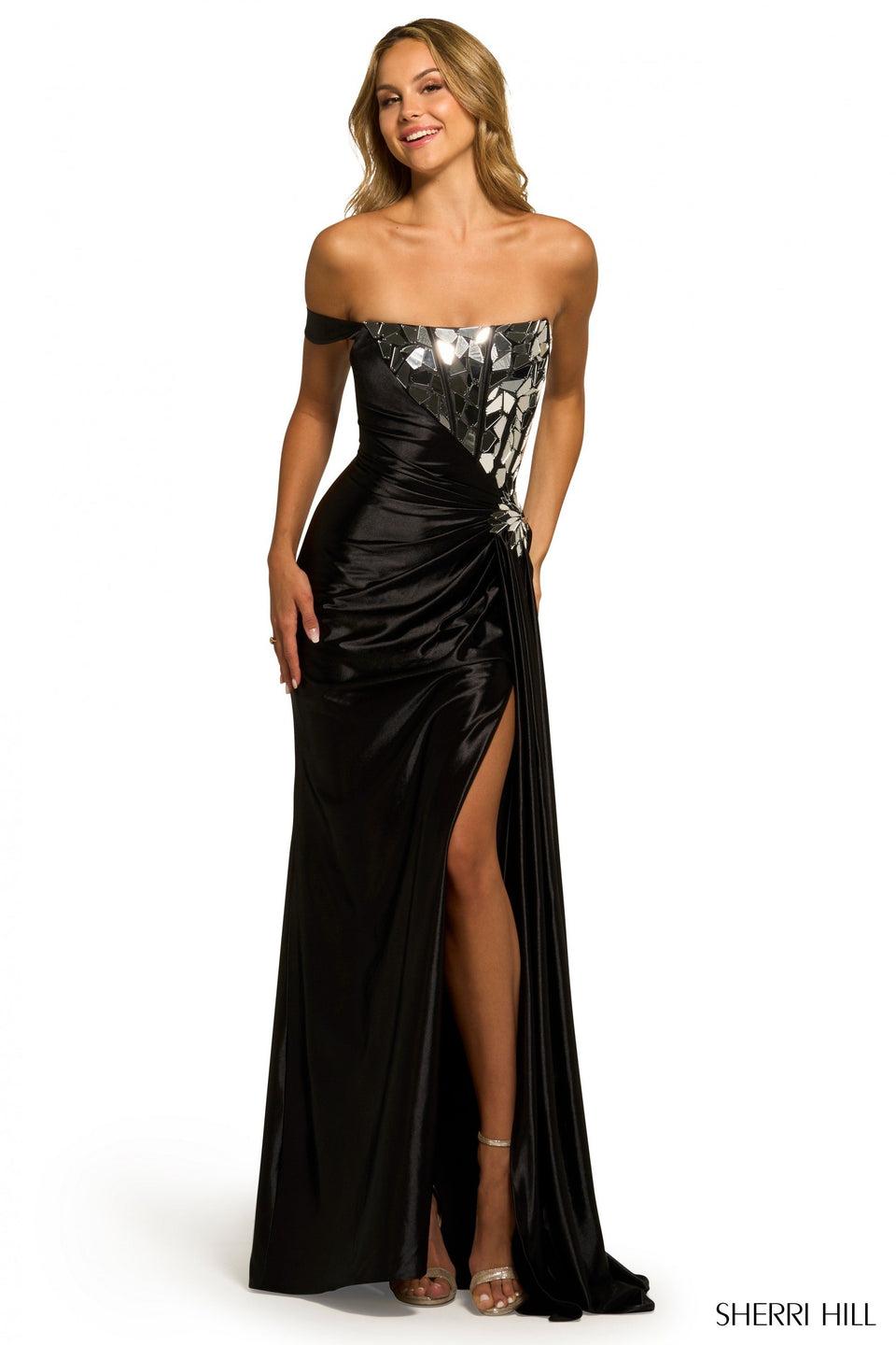 sherri hill One shoulder silk gown with cut glass embellished bodice ruching side cape and off the shoulder sleeve