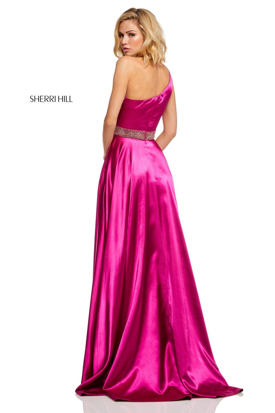 Sherri Hill One-shoulder Silk Satin Dress With Beaded Belt And Side Slit