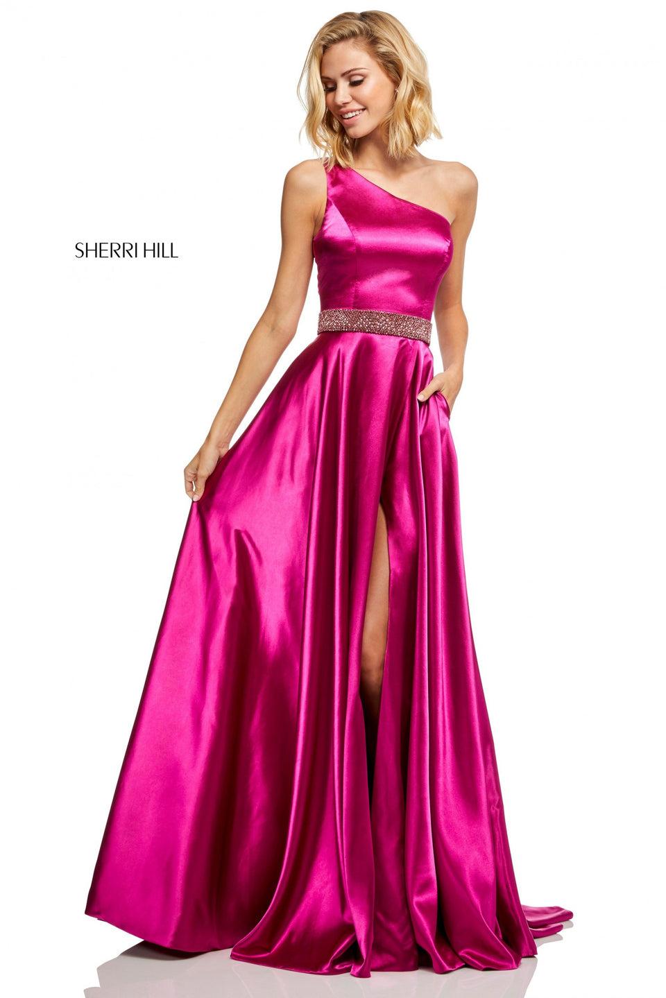 Sherri Hill One-shoulder Silk Satin Dress With Beaded Belt And Side Slit