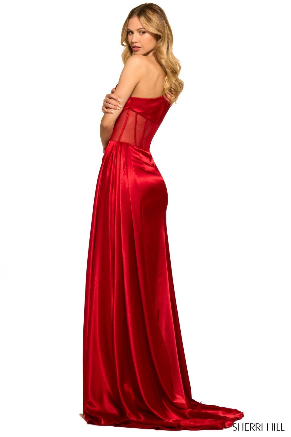Sherri Hill One Shoulder Silky Stretched Jersey Gown With Sheer Corset Bodice High Side Slit With Cape