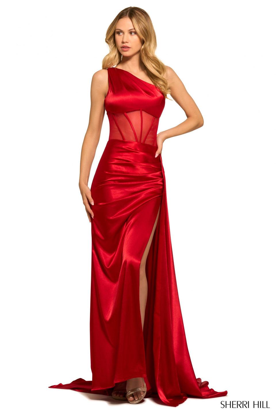 sherri hill One shoulder silky stretched jersey gown with sheer corset bodice high side slit with cape
