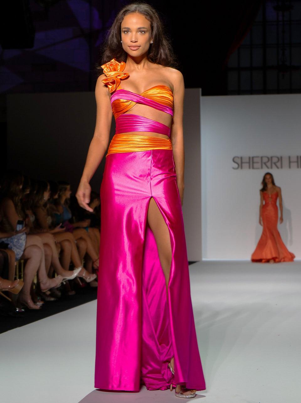 Sherri Hill One Shoulder Stretch Satin Gown With Side Cuts And A Skirt Slit