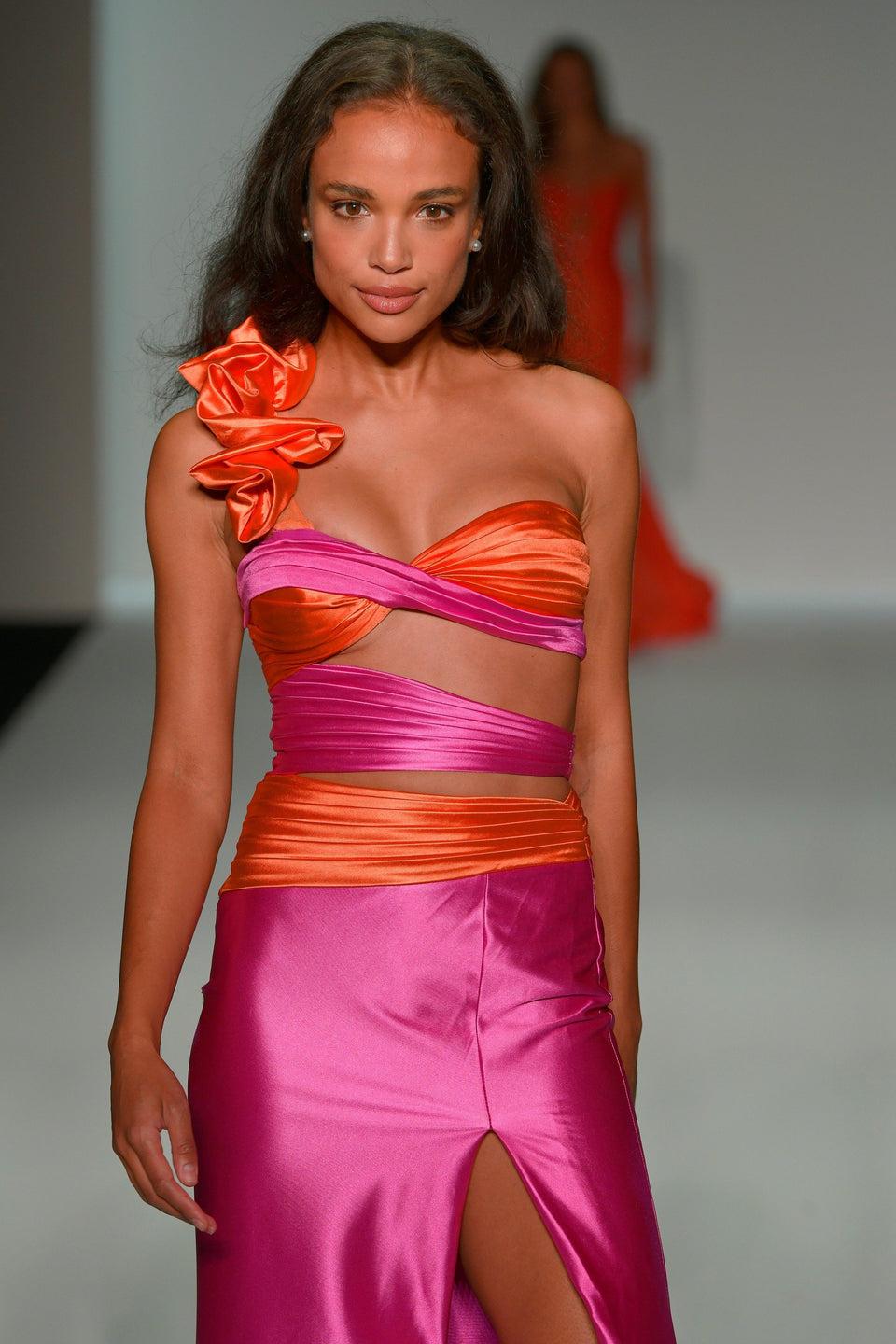 sherri hill One shoulder stretch satin gown with side cuts and a skirt slit