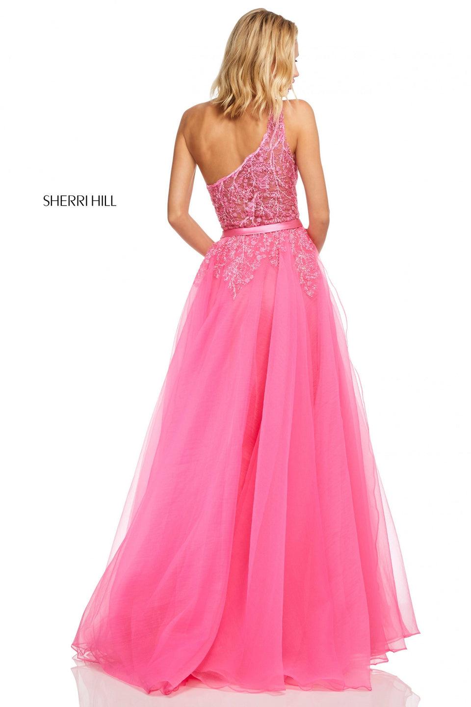 Sherri Hill One-shoulder Tulle Ruffled Ball Gown With Branch Embroidery And Jewel Detailing