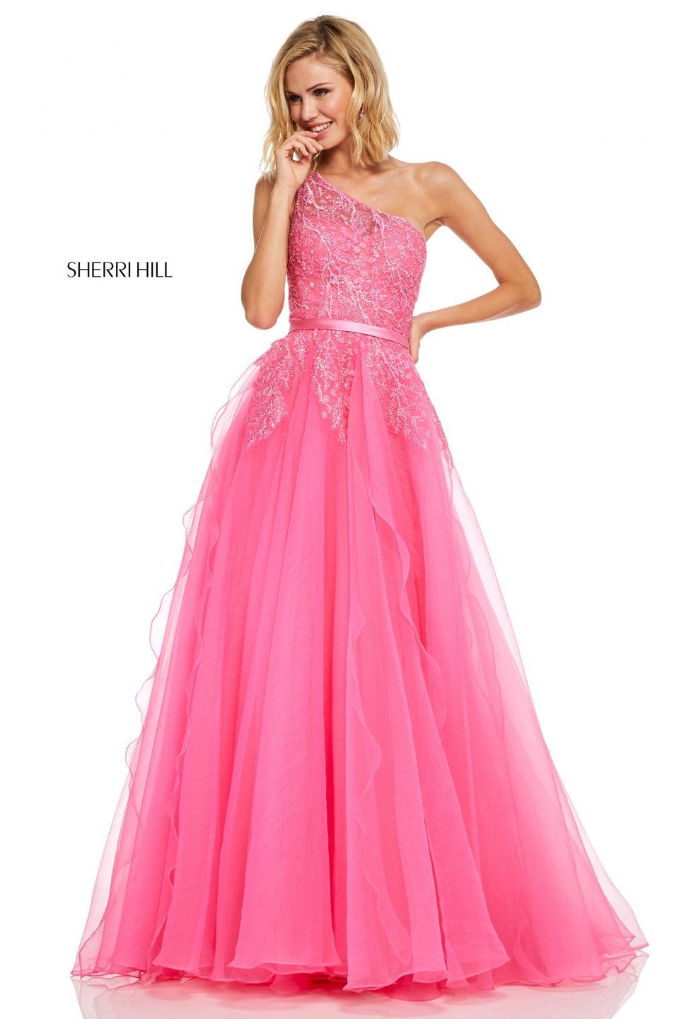 sherri hill One-shoulder tulle ruffled ball gown with branch embroidery and jewel detailing