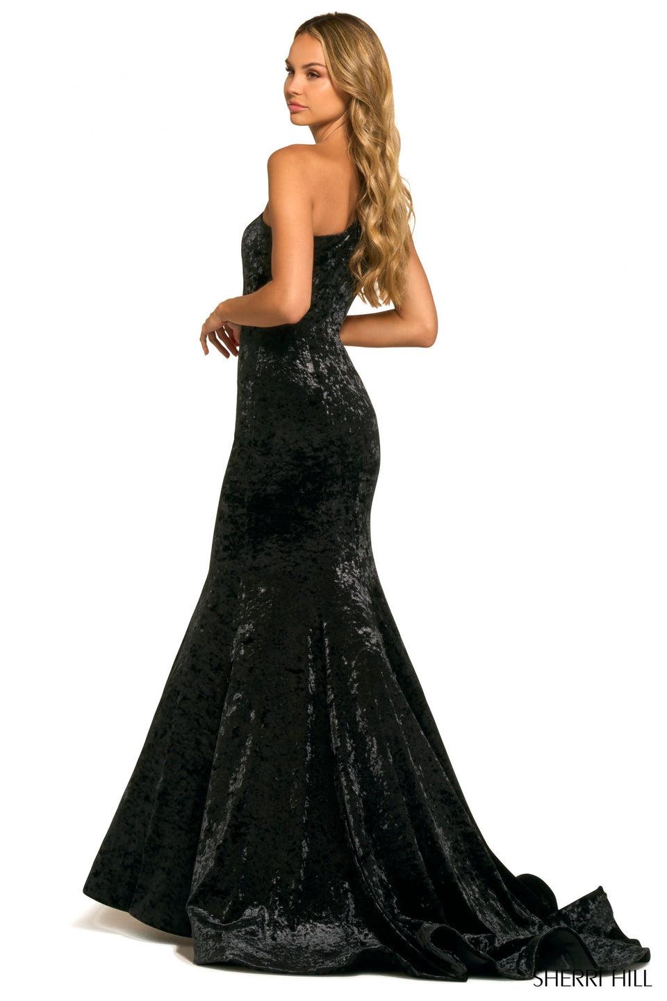 Sherri Hill One Shoulder Velvet Mermaid Gown With Beaded Embellishments On Bow