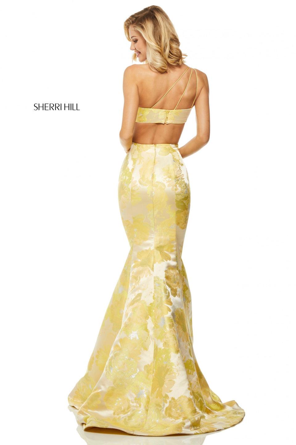 Sherri Hill One-shoulder Yellow Brocade Mermaid With A Slit In The Skirt And Cut Out Back