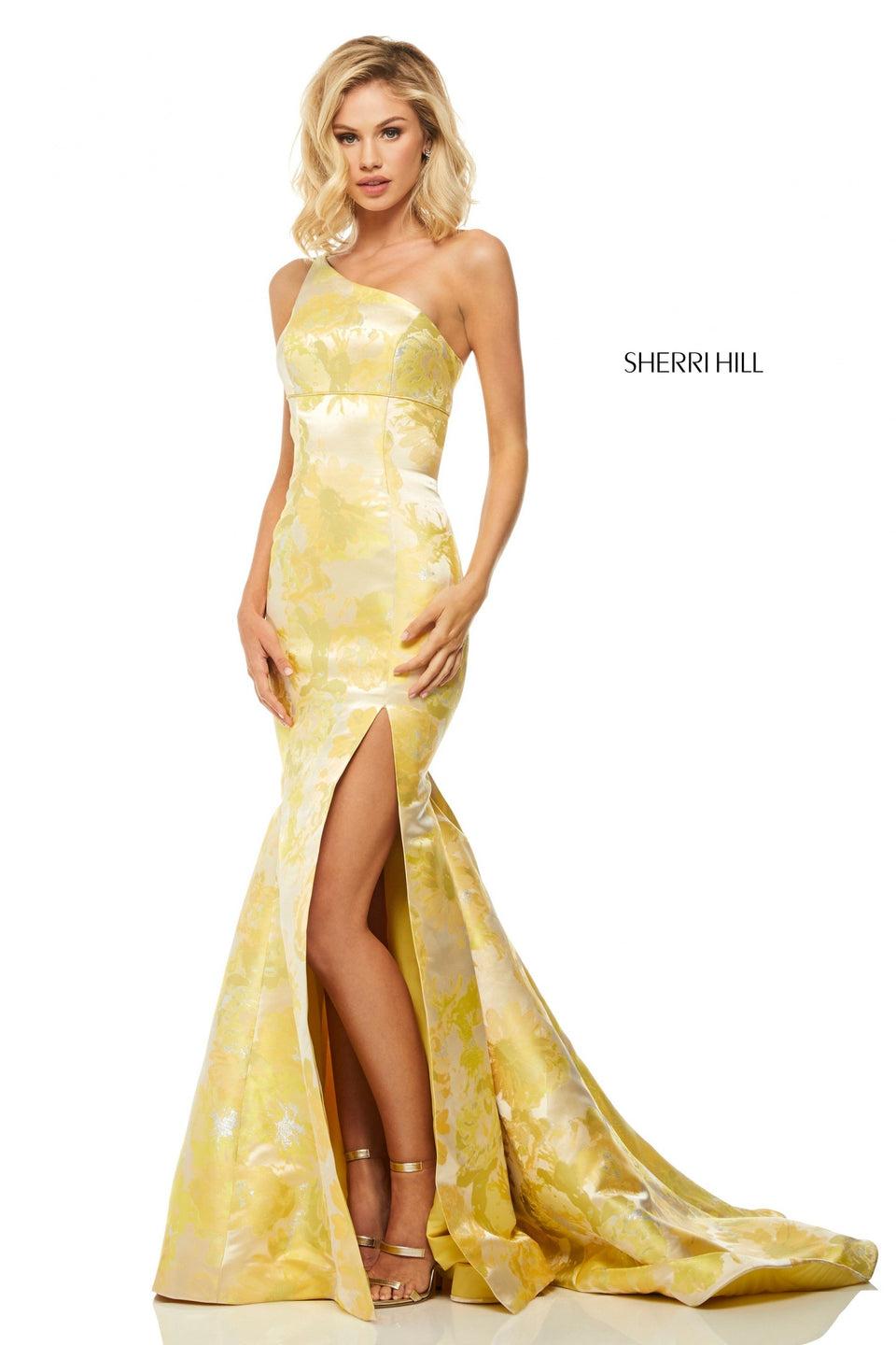 sherri hill One-shoulder yellow brocade mermaid with a slit in the skirt and cut out back