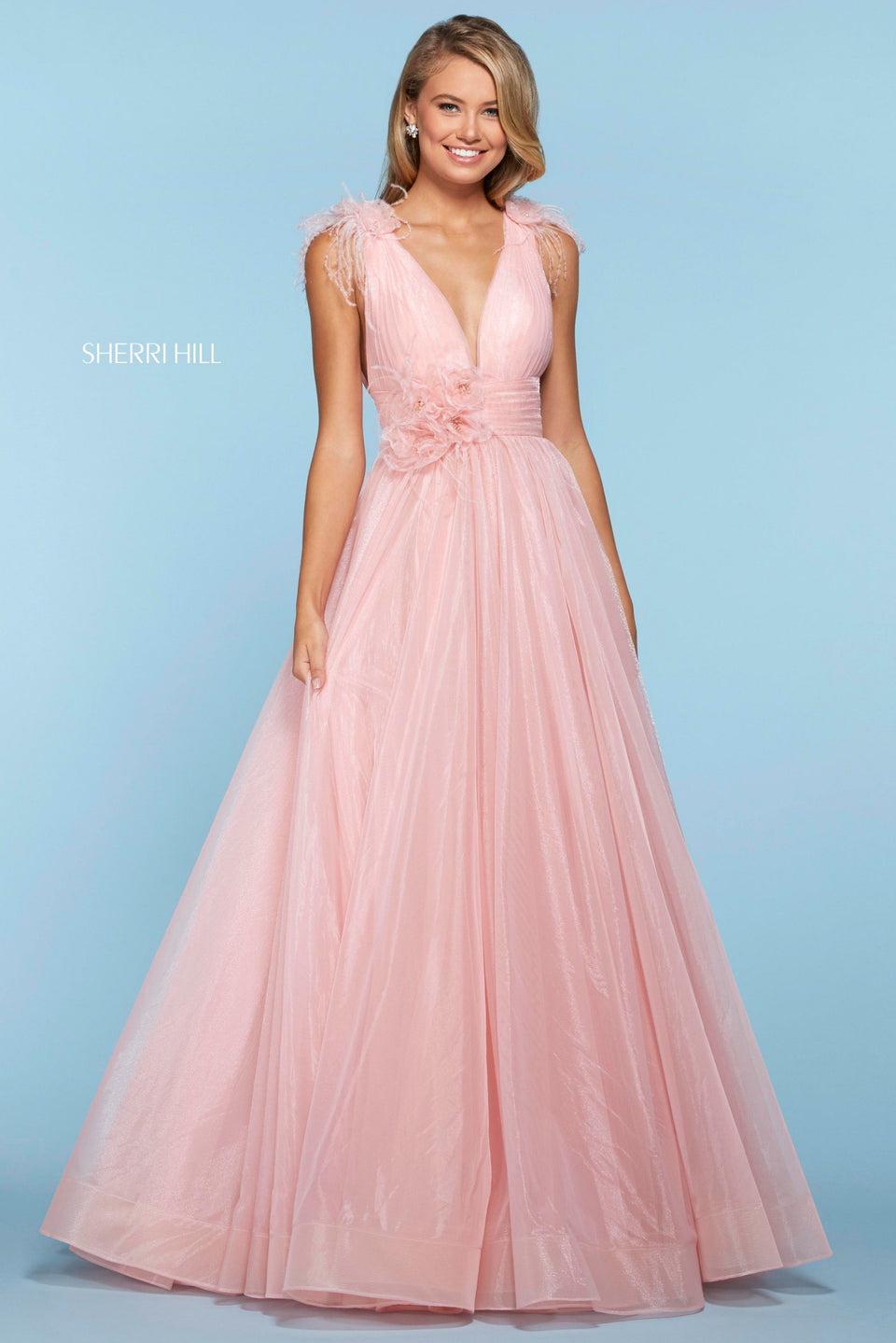 sherri hill Organza A-line dress with ruched deep V neckline bodice and flower appliques with feathers on waist and shoulders