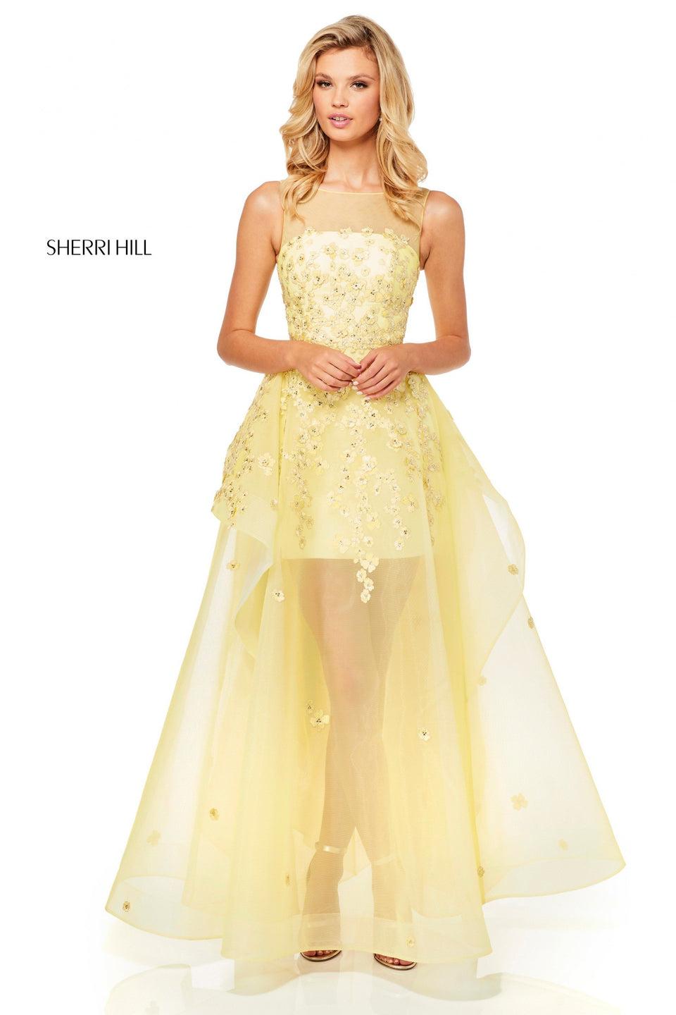 sherri hill Organza A-line gown with sheer layered skirt and floral appliques