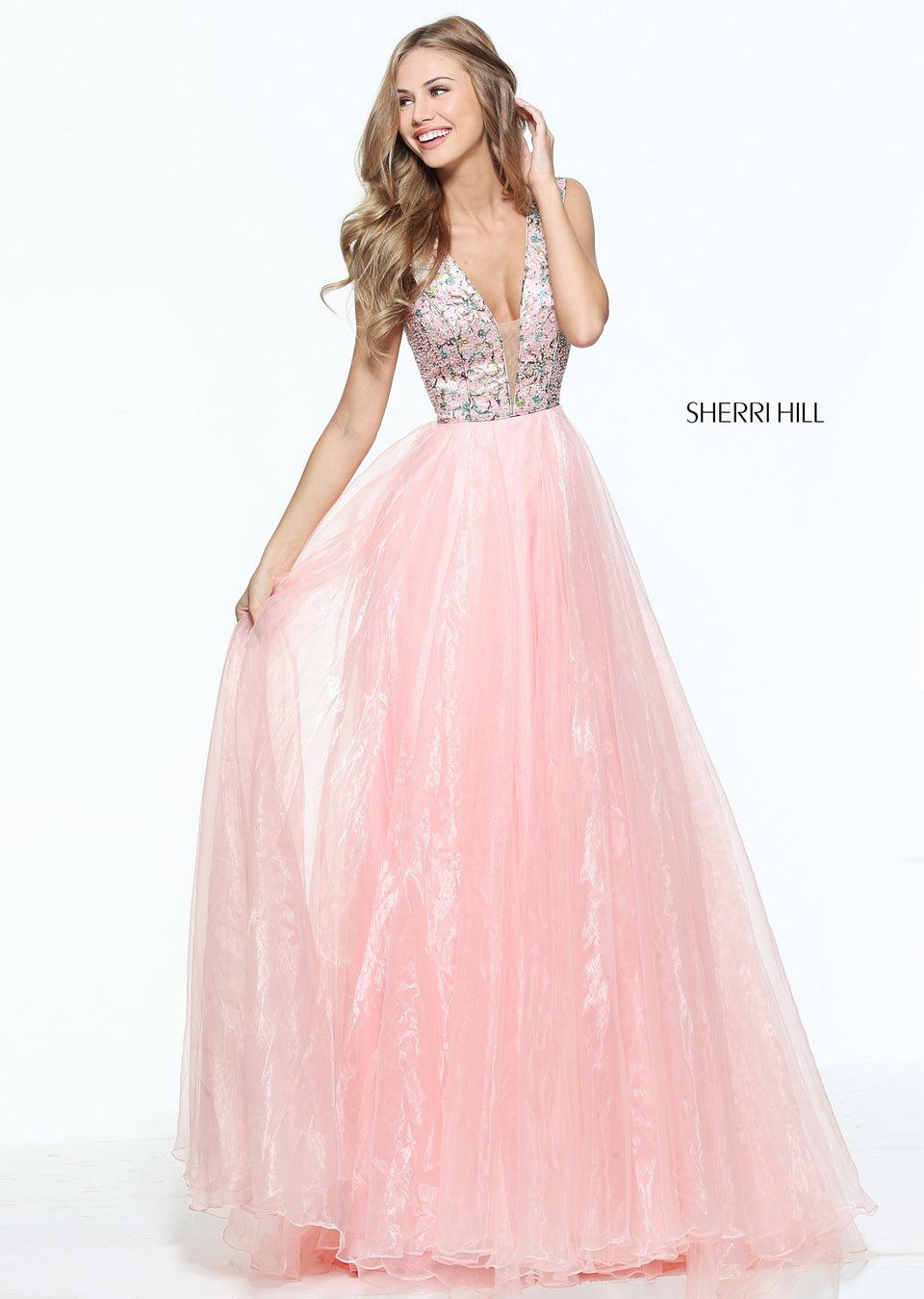 sherri hill Organza A-line with a printed bodice with deep V neckline