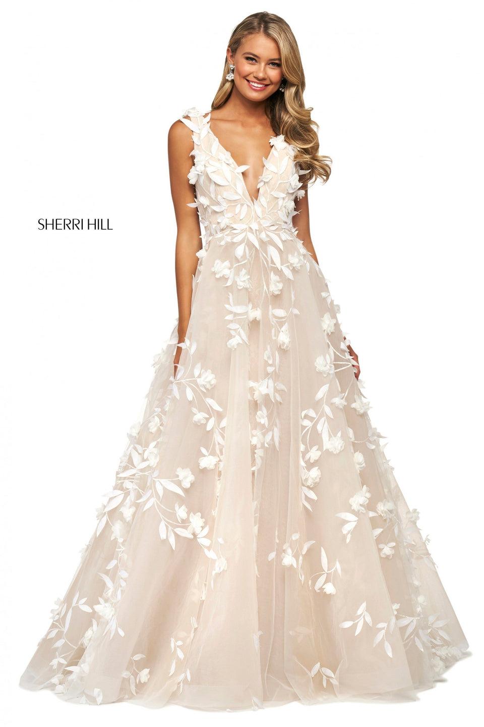 sherri hill Organza A-line with floral appliques plunging neckline and low back