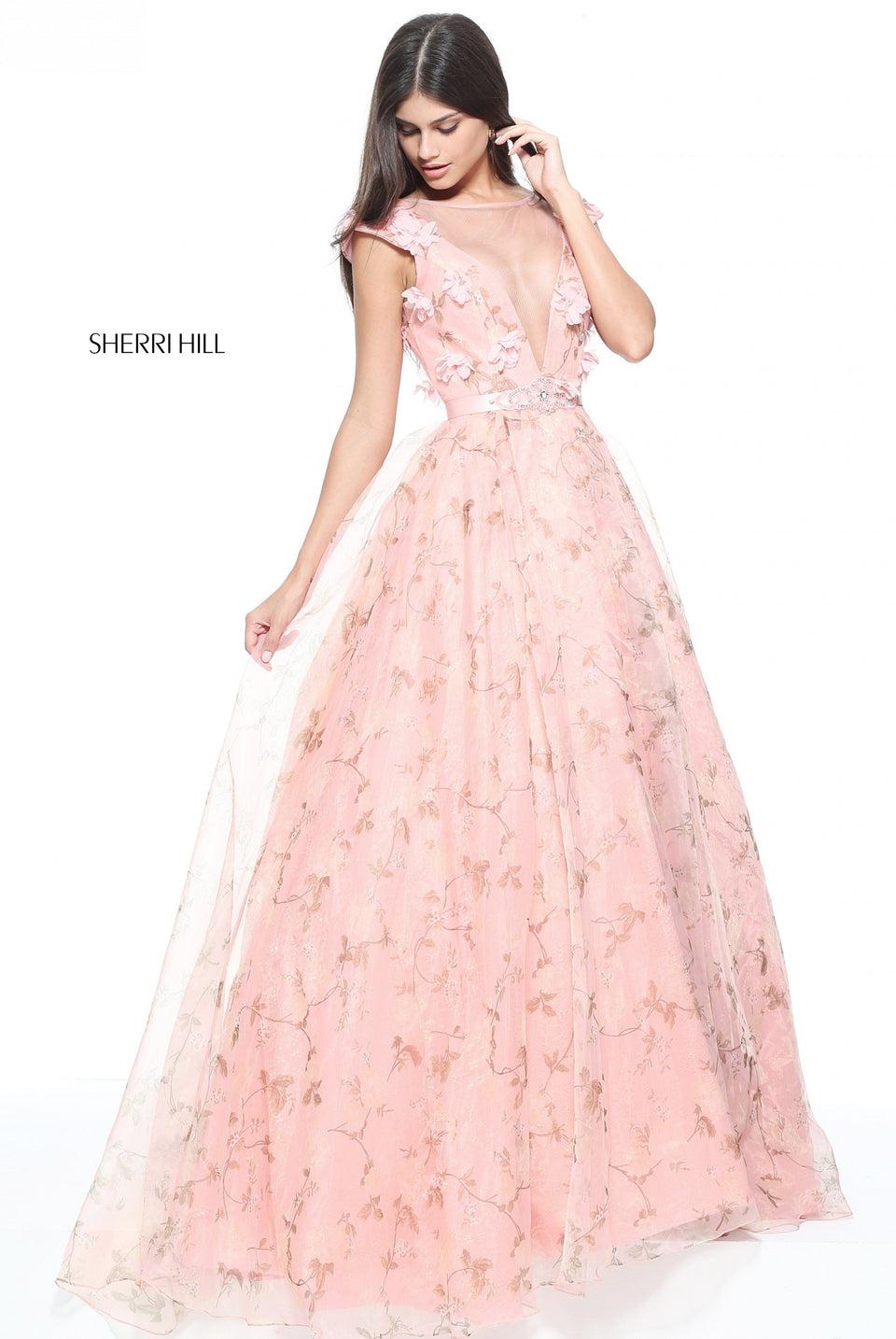 Sherri Hill Organza And Lace Print Ball Gown With A Low Back